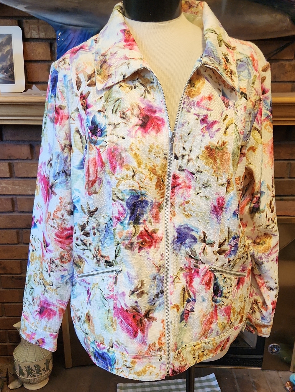 Christopher & Banks White Pink Blue Floral Zip-Front Jacket XL Spring Church - Picture 4 of 12